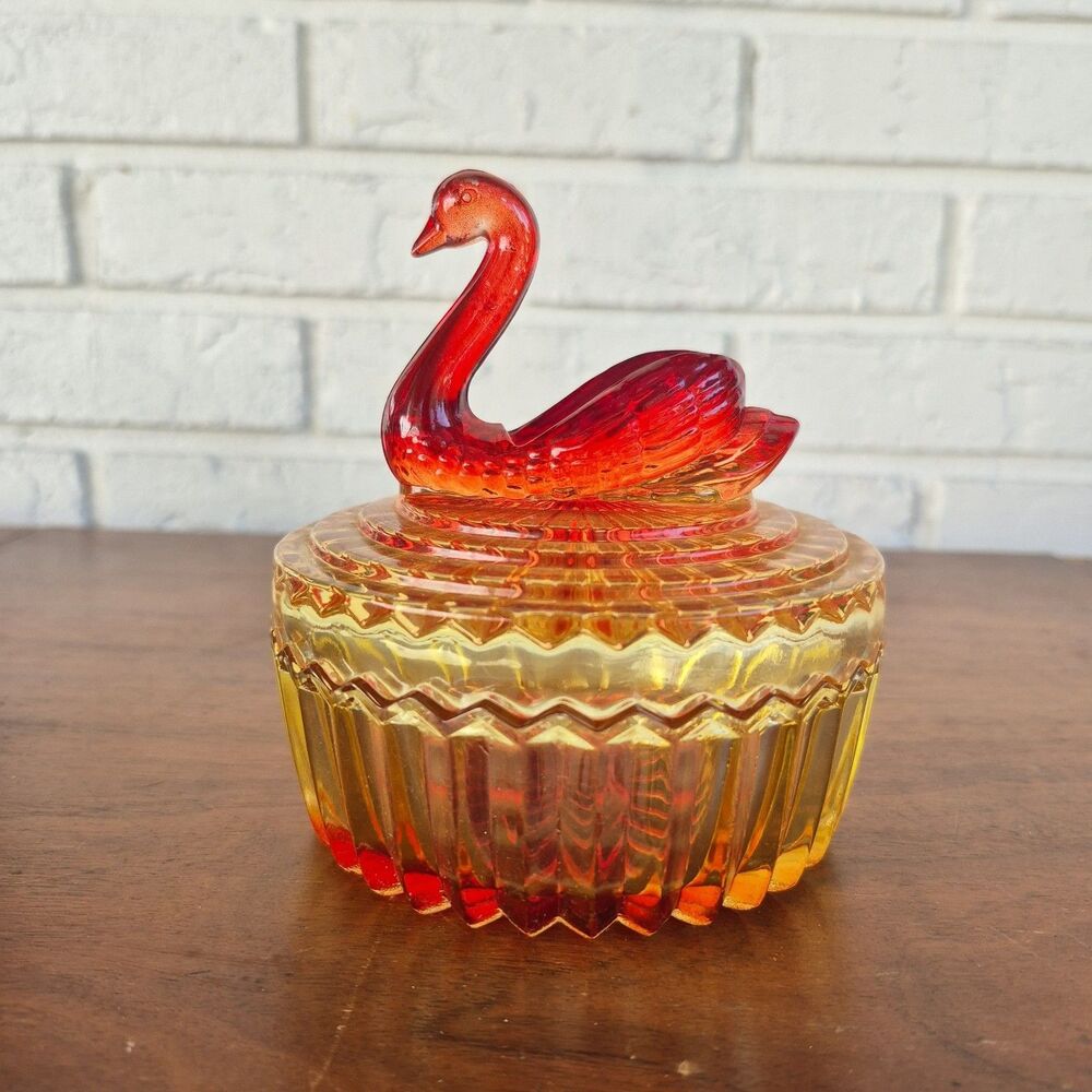 Vtg Jeannette Glass Amberina Swan Lid Powder Dish Trinket Box